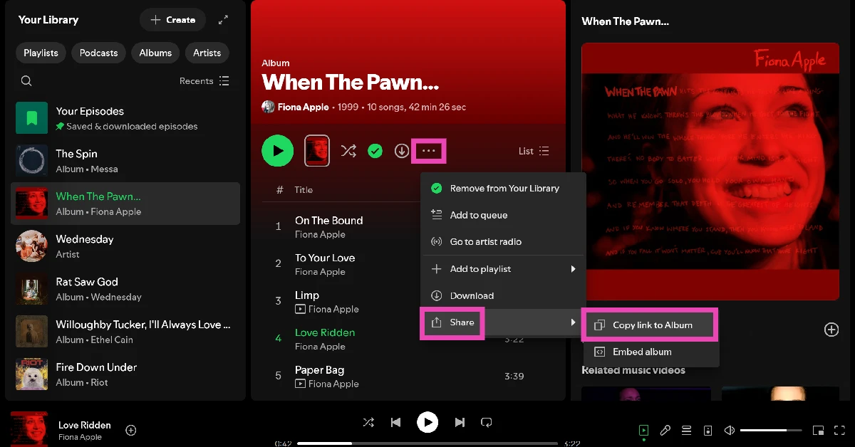 Step 1: Copy the link to the song, album, or playlist on Spotify.