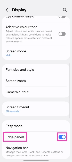 Step 2: Turn on the toggle switch next to Edge panels and select it.
