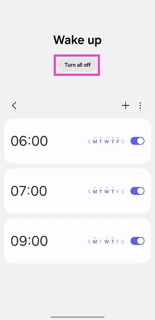 Step 6: Select the group and tap on Turn all on/off to toggle the alarms on or off. How to create an alarm group on a Samsung phone