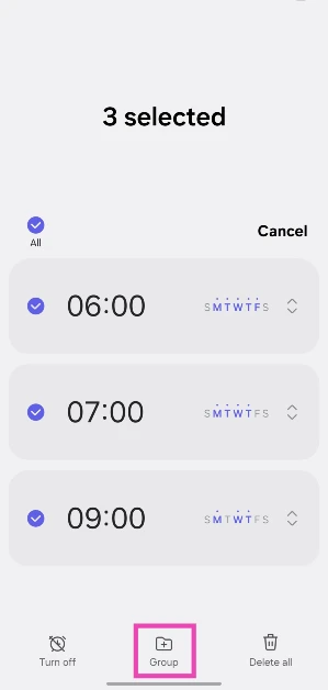Step 3: Tap on Group at the bottom of the screen. How to create an alarm group on a Samsung phone