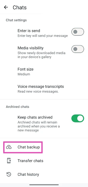 Step 3: Scroll down and tap on Chat backup.