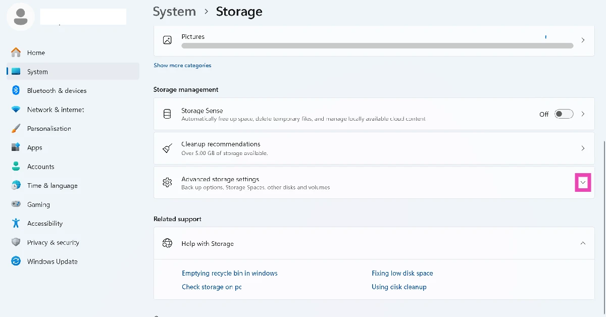 Step 3: Hit the arrow next to Advanced storage settings to expand it.