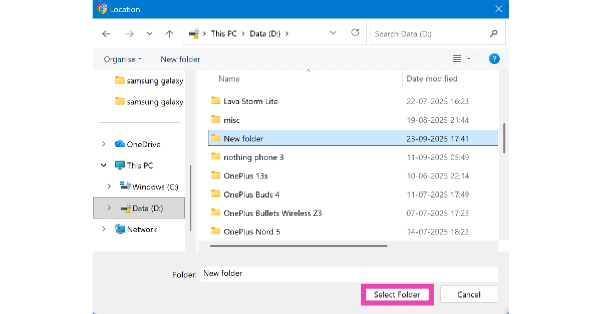 Step 4: Choose your preferred destination and click on Select Folder. 3 ways to change the default drive on your Windows 11 PC