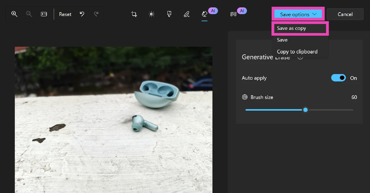 Step 7: Click on Save options and select Save as a copy. How to remove unwanted objects from images on Windows 11