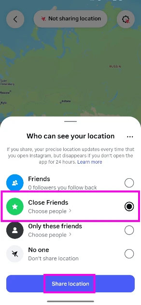Step 4: Choose who can see your location: Friends, Close Friends, Selected Friends, or No One. How to share your location on Instagram Notes