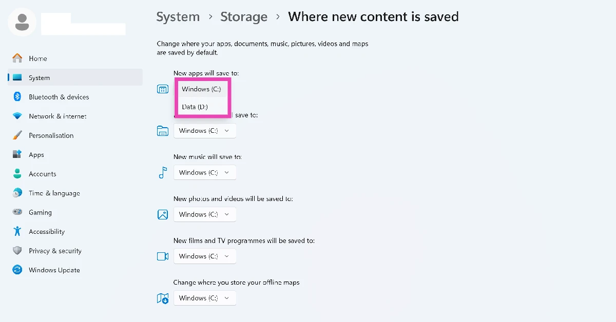 Step 5: Hit the dropdown menu under New apps will save to and select a drive. How to change the Downloads folder on your Windows 11 PC