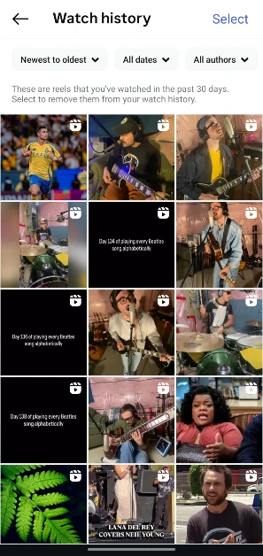 Step 5: You can sort your watched reels by viewing order, date range, and author.