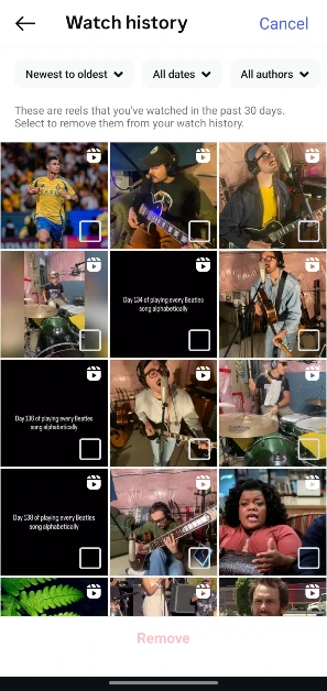 Step 6: Hit the checkbox on the Reel(s) you want to remove from your watch history.