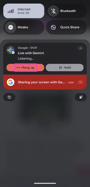 Step 5: Swipe down from the status bar and hit Hang up to end the session.