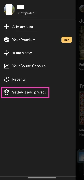 Step 3: Go to Settings and privacy. How to remove the Create button from Spotify’s home page
