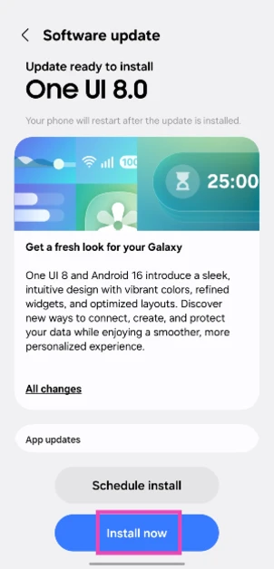 Step 5: Once the update has been downloaded, tap on Install now. How to update your Samsung phone to One UI 8