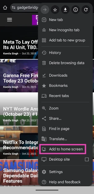Step 2: Hit the ellipses in the top right corner of the screen and select Add to home screen.