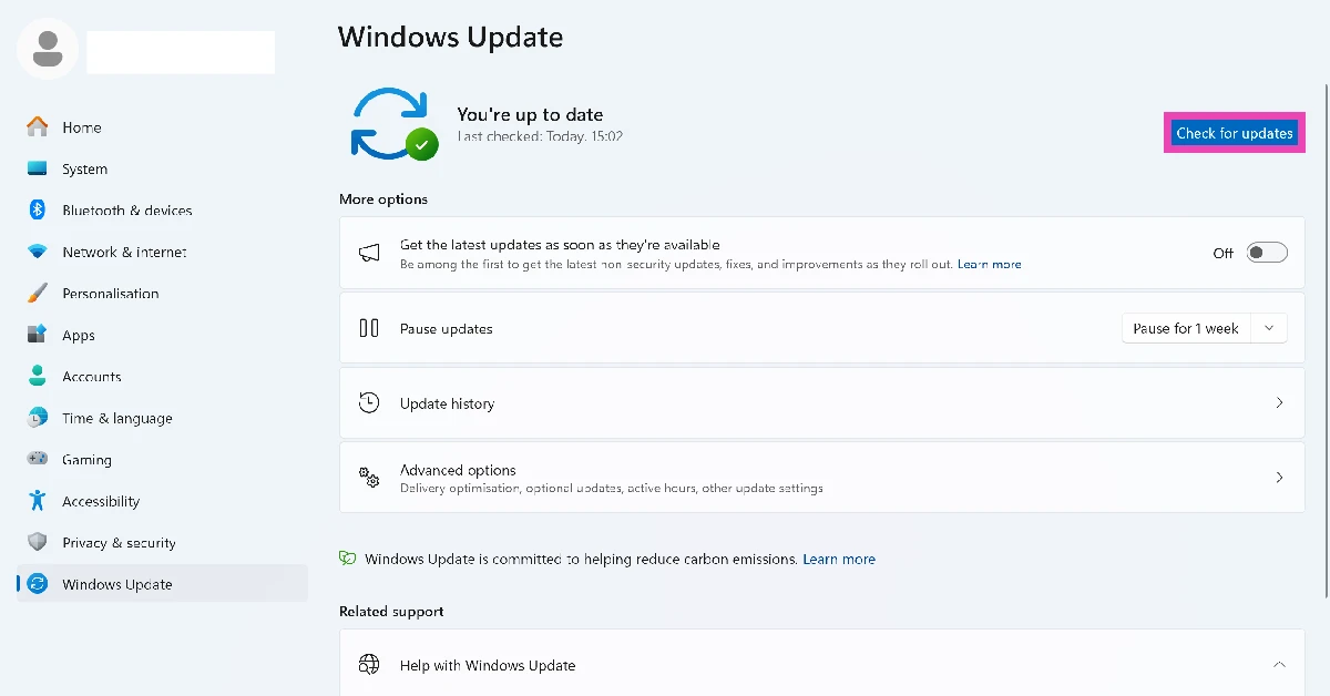Step 2: Click on Check for updates.