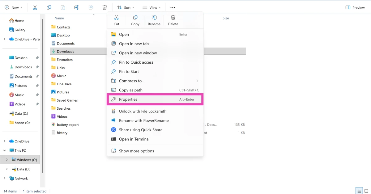 Step 2: Right-click on the Downloads folder and select Properties.