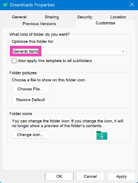 Step 4: In the dropdown menu below ‘Optimise this folder for’, select General items.