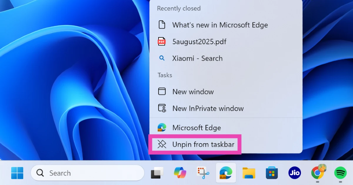 Step 1: Right-click the Microsoft Edge icon on the taskbar.