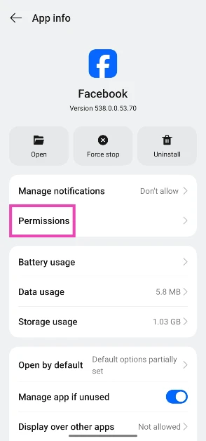 Step 3: Tap on Permissions.