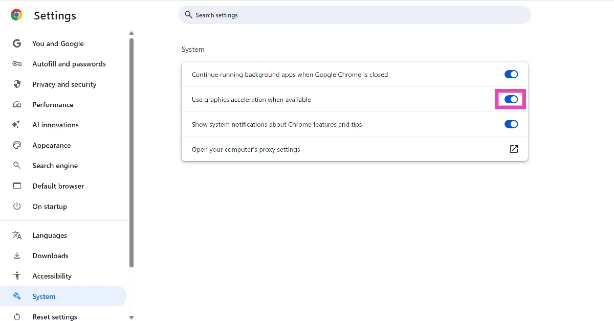 Step 3: Turn on the toggle switch next to Use graphics acceleration when available.