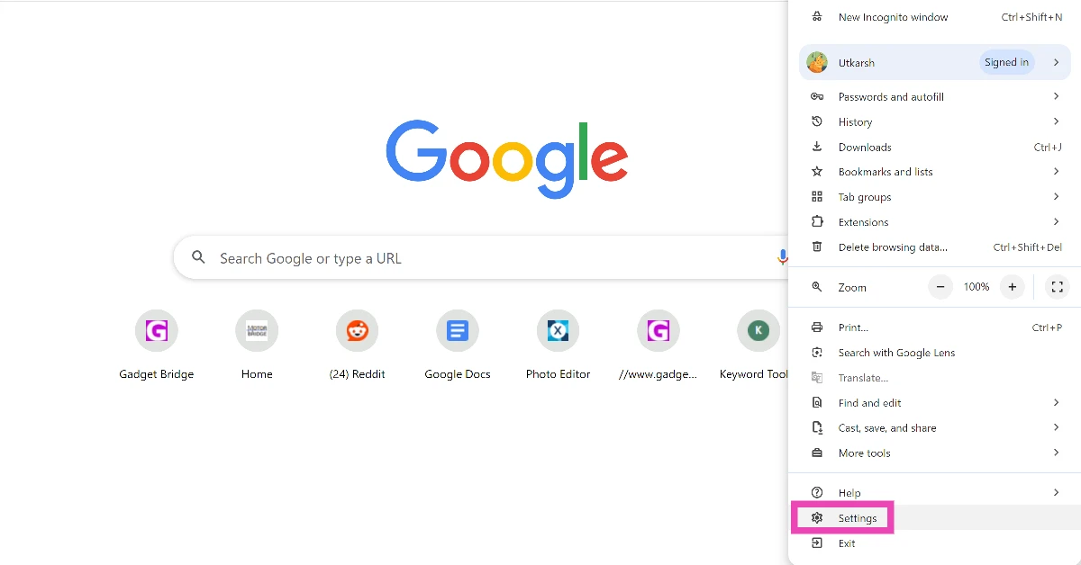 Step 1: Launch Google Chrome and go to Settings.