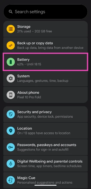 Step 1: Go to Settings and select Battery.