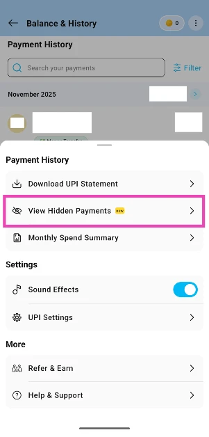 Step 4: Select View Hidden Payments.