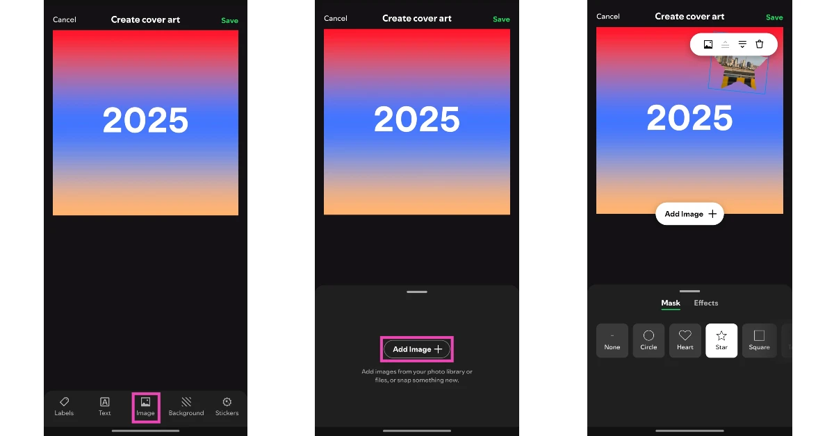 Step 6: You can add an image to the cover art by going to Image>Add Image and selecting a picture from your phone's gallery. You can drag, resize, reshape, and add effects to the image.