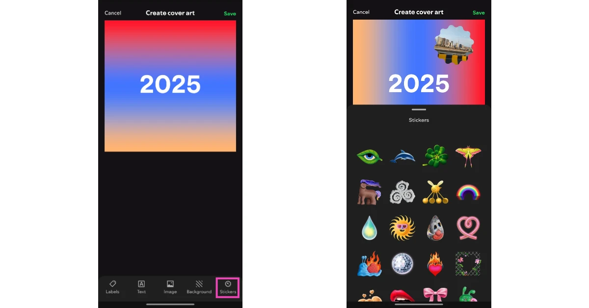 Step 8: Tap on Stickers to add fun stickers to the art.