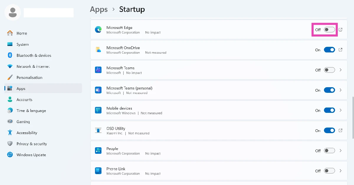 Step 3: Turn off the toggle switch next to the Microsoft Edge.