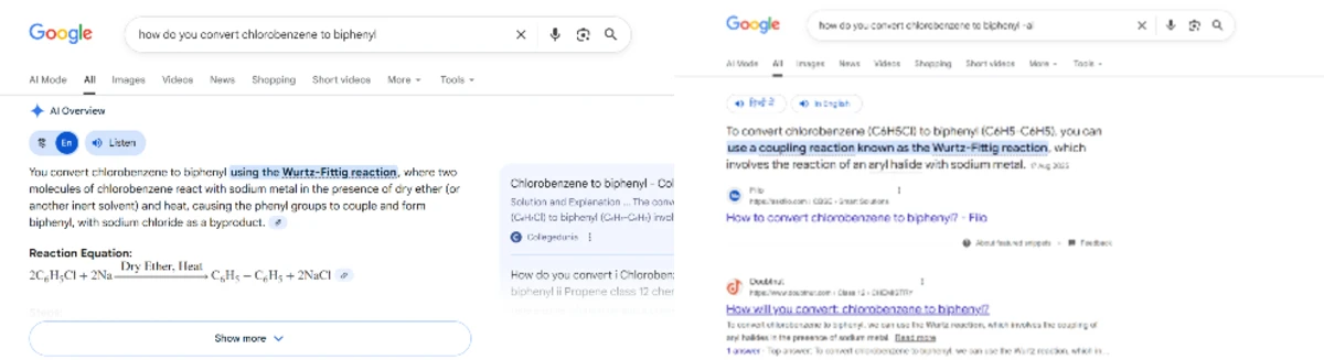 Filter AI Overview results from your search using the '-AI' keyword