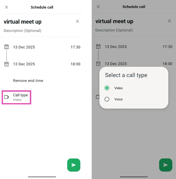 Step 7: Choose whether you want to schedule a video or audio call by tapping Call type.