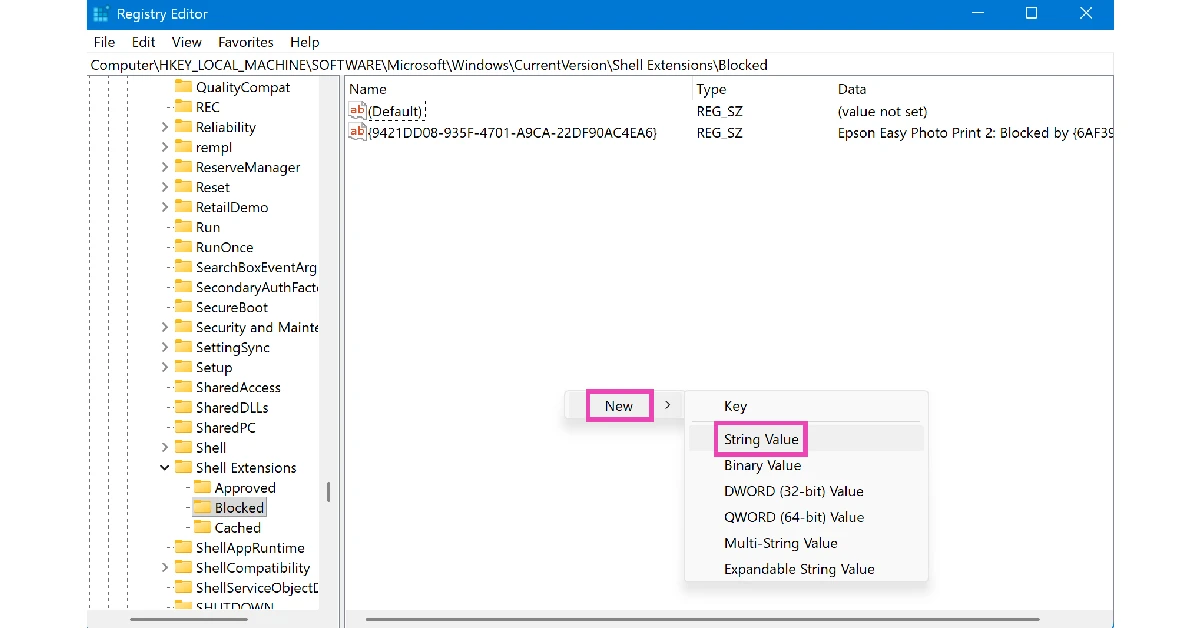 Step 5: Right-click anywhere in the Blocked folder and select New>String value. How to remove ‘Ask Copilot’ from the right-click menu in Windows 11