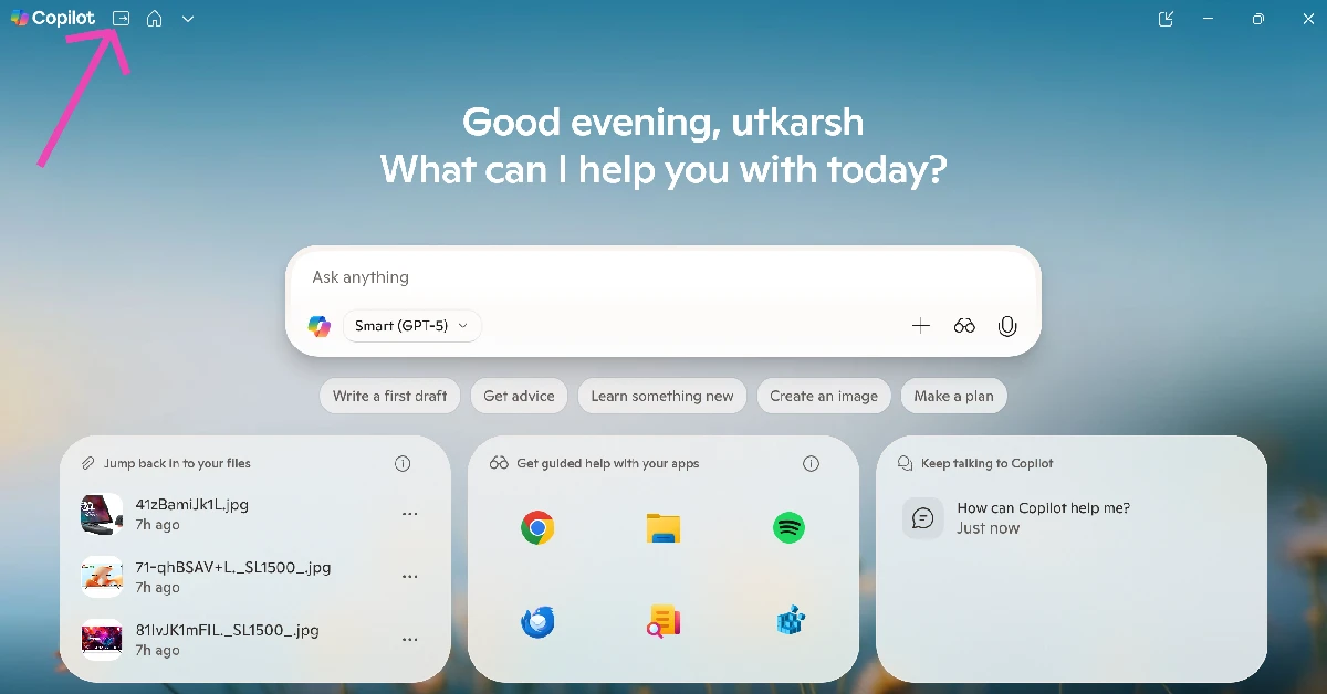Step 2: Click the Open sidebar icon next to the Copilot header in the top-left corner of the screen.