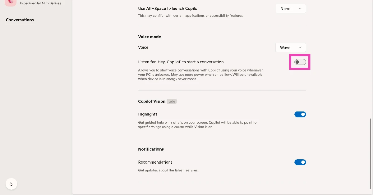 Step 5: Scroll down to the Voice mode section and turn on the toggle switch next to Listen for ‘Hey, Copilot’ to start a conversation.