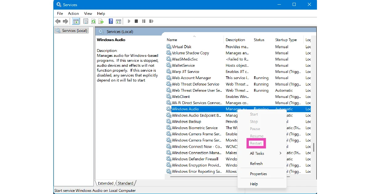 Step 3: Scroll down to Windows Audio and right-click the entry.