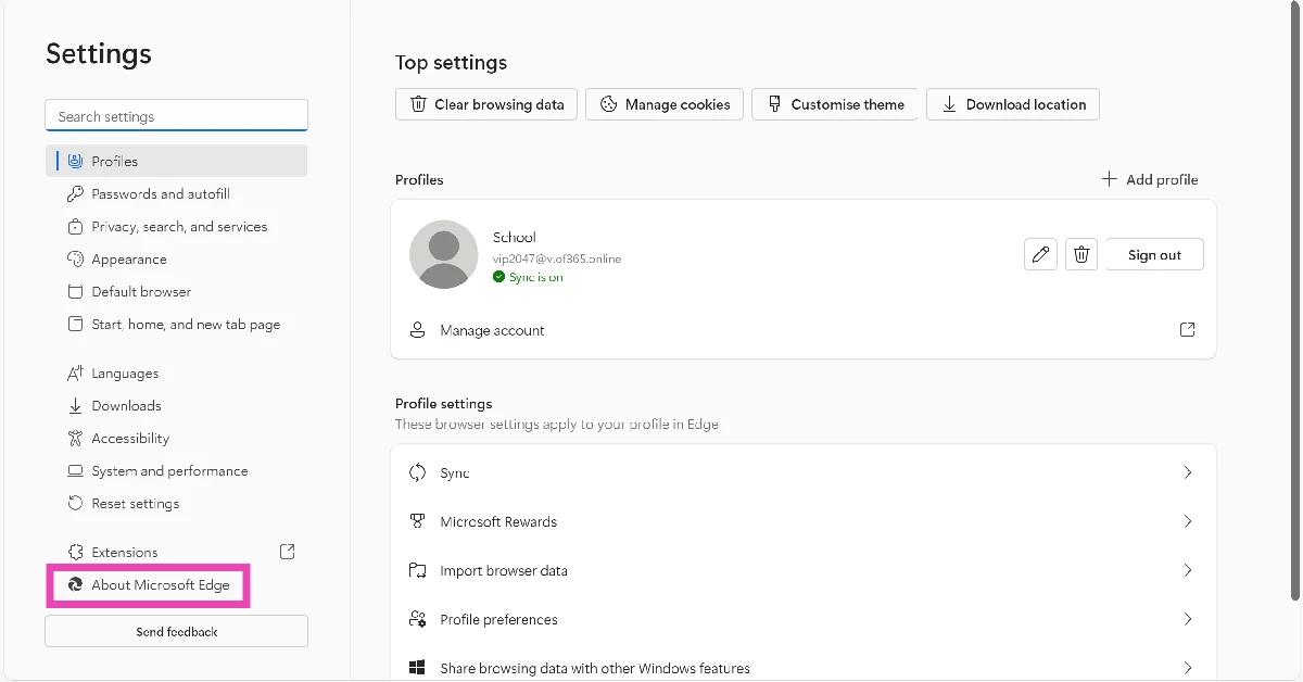 Step 3: Select About Microsoft Edge from the side panel.