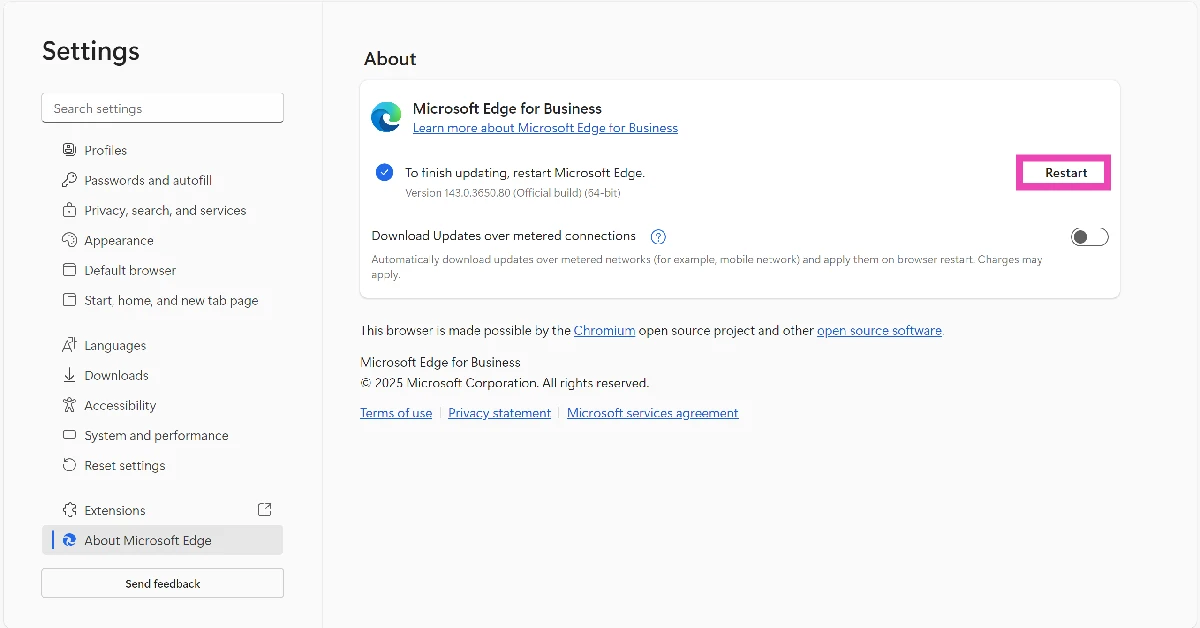 Step 4: The latest update will be downloaded automatically. Restart Edge to finish the update.