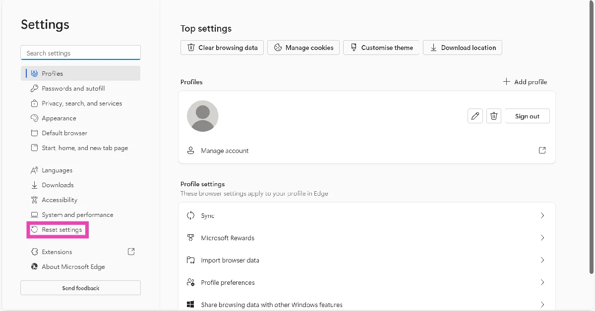 Step 3: Select Reset Settings from the side menu.