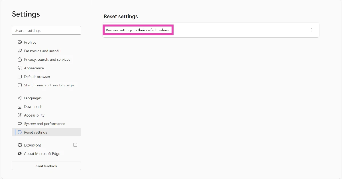 Step 4: Click on Reset settings to their default values.
