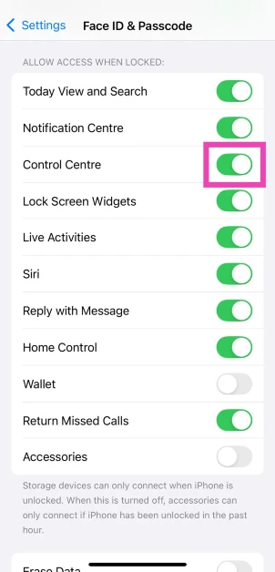 In the Allow Access When Locked section, turn off the toggle switch next to Control Centre.