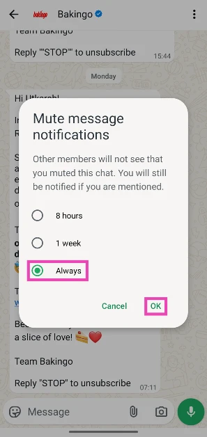Step 4: Select the duration for which you want to mute the messages.