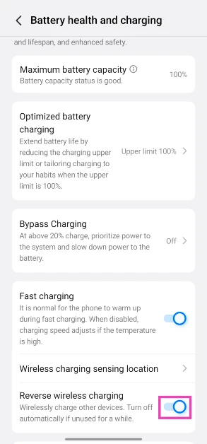 Step 4: Turn on the toggle switch next to Reverse wireless charging.