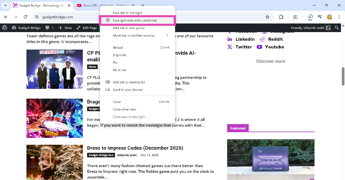 Step 2: Select ‘New split view with current tab’.