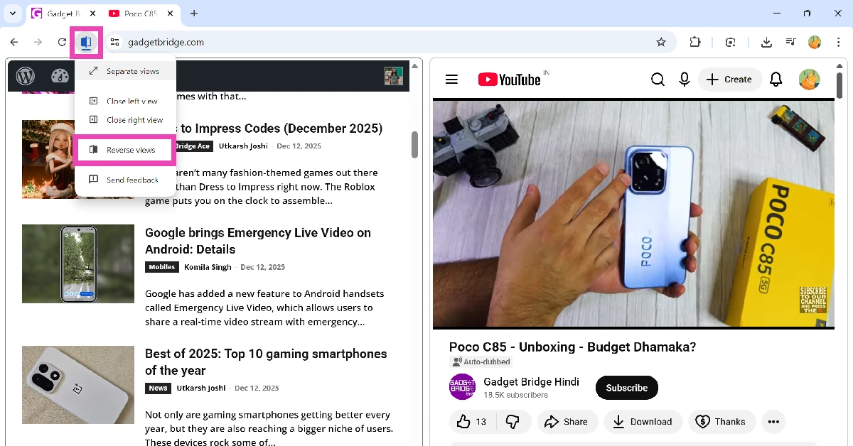 Step 5: To swap the panel positions, right-click the merged tabs at the top of the screen or hit the split view icon next to the address bar. Go to Arrange split view>Reverse views.