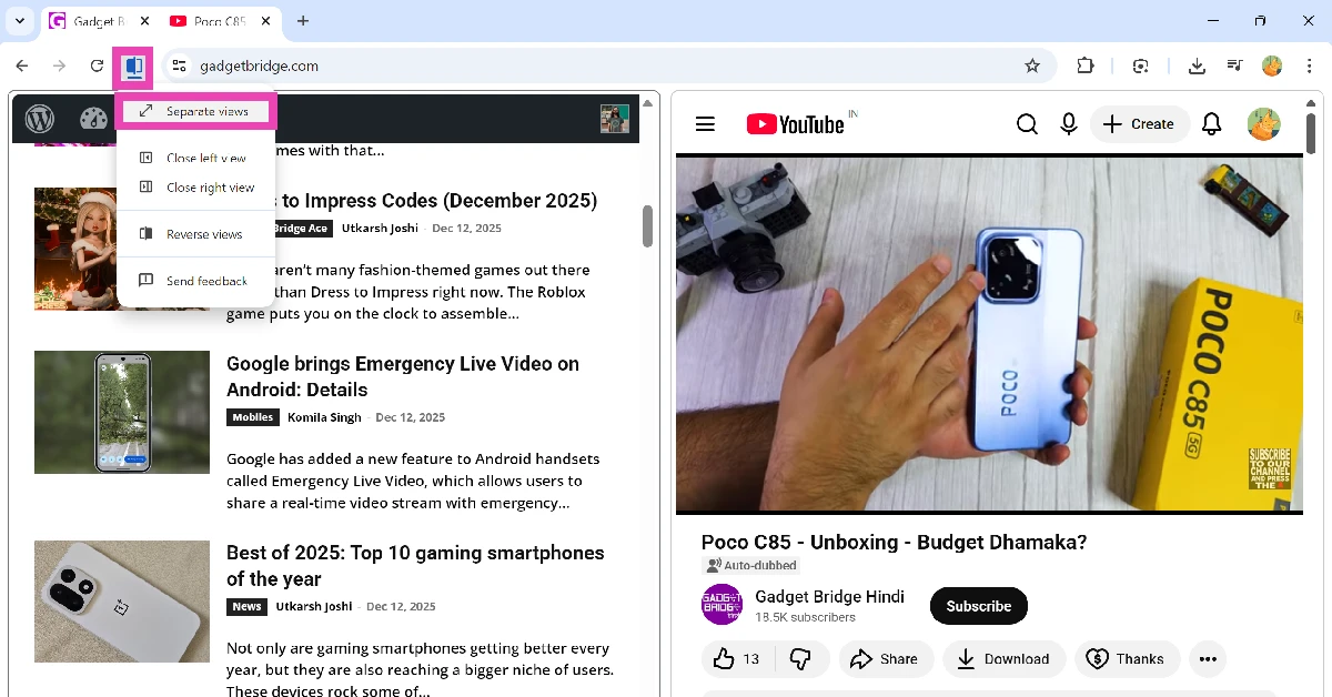 Step 6: To exit split view, right-click the merged tabs at the top of the screen and go to Arrange split view>Separate views. Alternatively, you can hit the split view icon and select the same option.