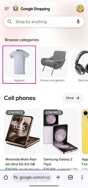 Step 1: Go to Google Shopping and select Apparel.