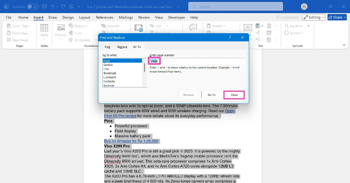 Step 3: Type \page in the Enter page number text box. Hit Enter.
