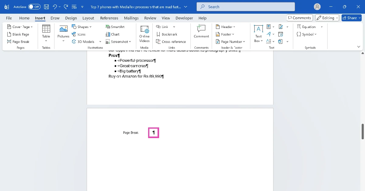 Step 3: Spot the page break marker (¶) on the blank page and click on it.