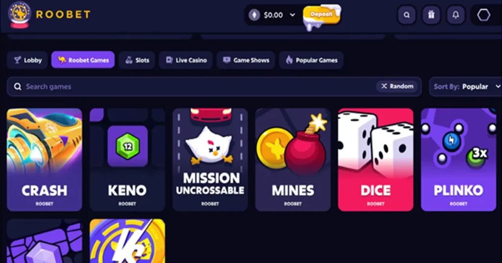 A screenshot of the Roobet games page