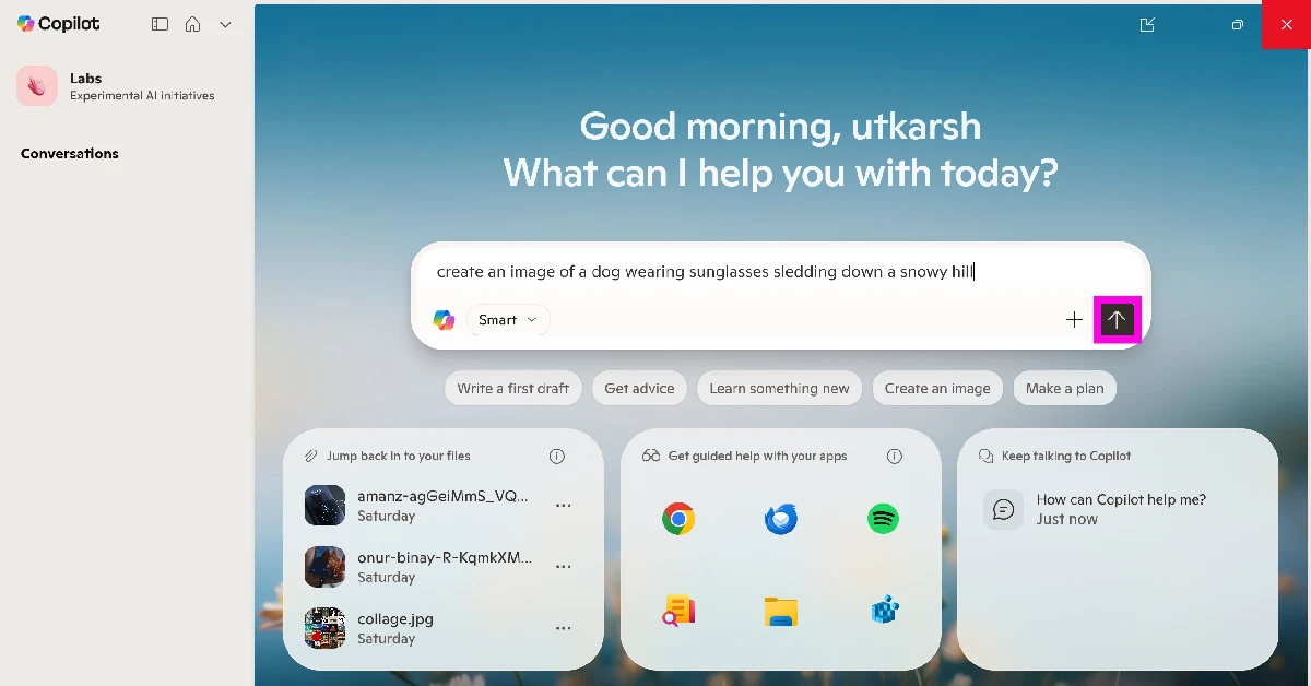 Enter a prompt for your image in the text box. Make sure the prompt is prefixed with ‘Create an image’ or something similar.
