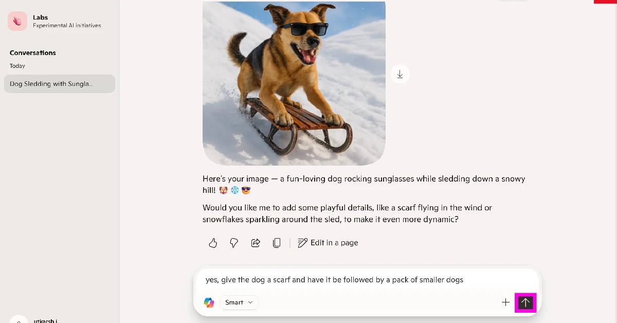 Once the image has been generated, click on it to expand it. You can send a follow-up prompt to add more stuff or make changes to the image.